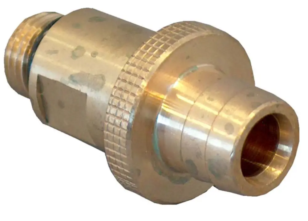Oventrop Produkt zur Schlauchentleerung, aus Metall, mit zwei Anschlussöffnungen und Gewinde, zur Verwendung in hydraulischen Systemen.